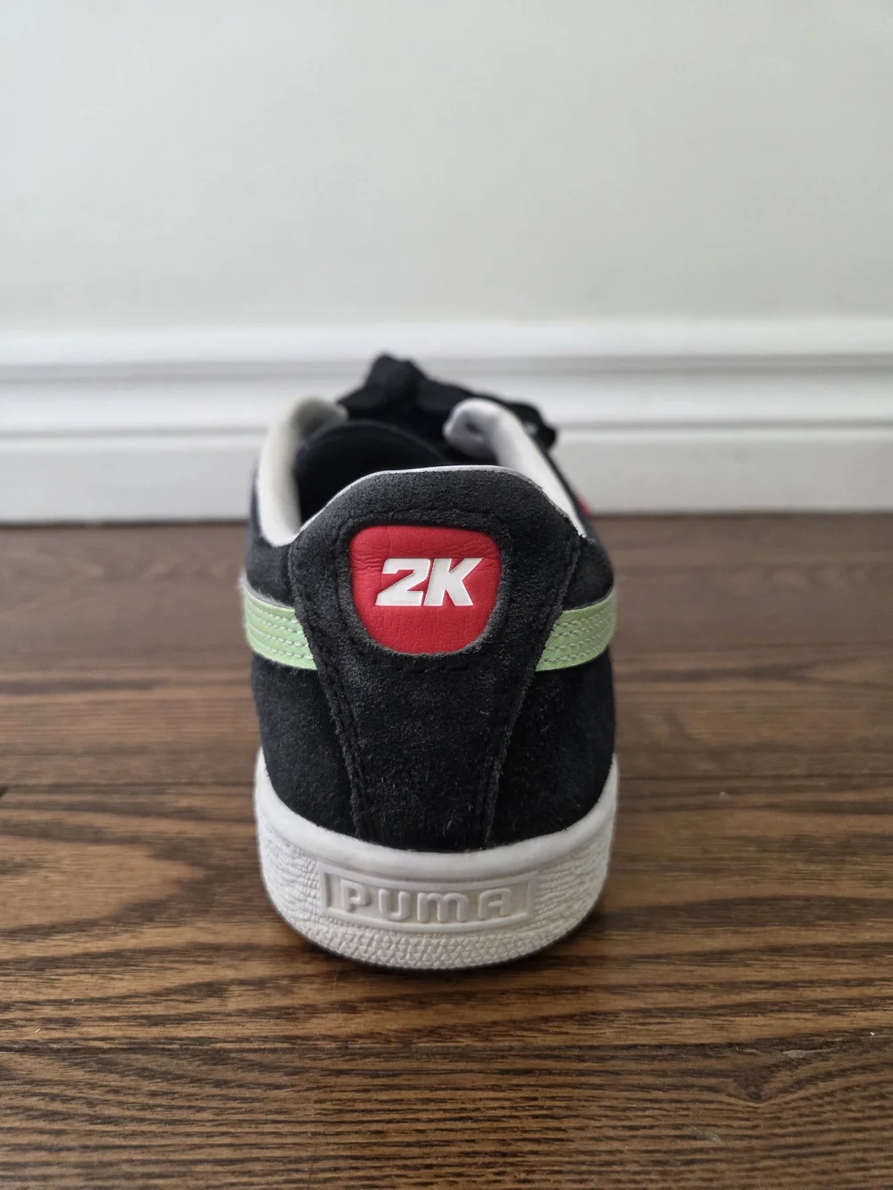 Puma X 2K Men  Black Suede Sneaker with Green & Yellow Accent 8.5